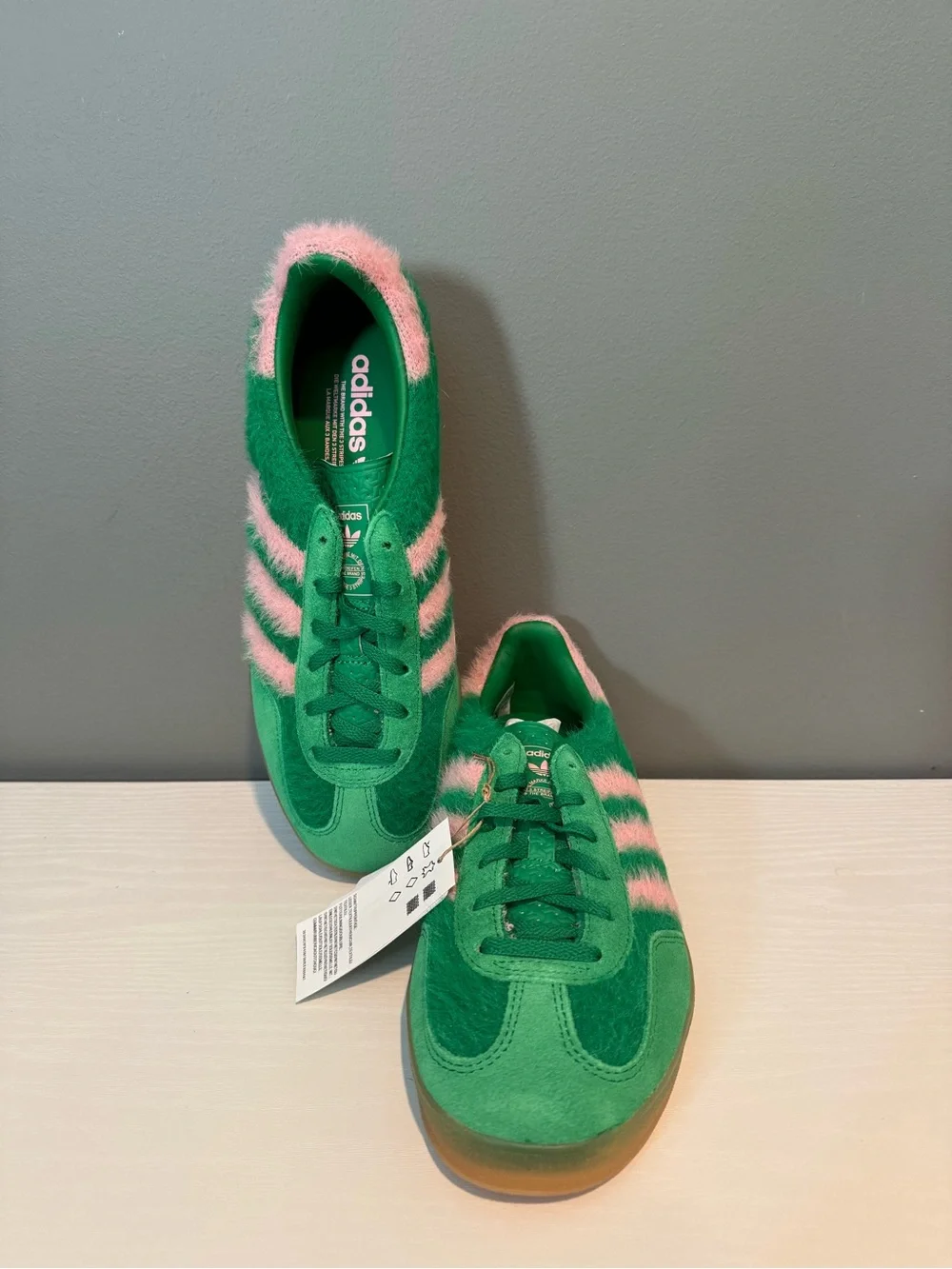 adidas Green with Pink Stripe Fuzzy Gazelle Sneakers